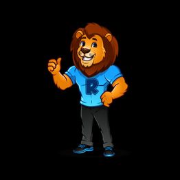 Löwenmaskottchen im blauen Shirt mit "R", gibt Daumen hoch, schwarzer Hintergrund.