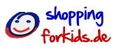 Lächelndes Gesicht mit blauem "shopping" und rotem "forkids.de"-Text daneben.