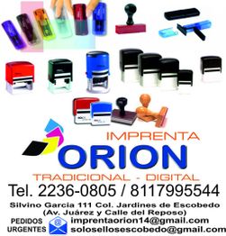 Sellos de colores variados y contacto de Imprenta Orion, tradicional y digital.