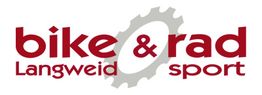 Logo: "bike & rad Langweid sport" in rot mit einem grauen Zahnrad im Hintergrund.