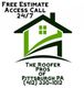 House-shaped logo with contact info for "The Roofer Pros of Pittsburgh PA" offering 24/7 estimates.