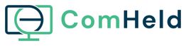 Logo mit stilisiertem Computer und Schriftzug "ComHeld" in Grün und Blau.