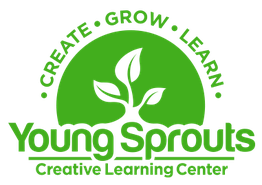 Logo of Young Sprouts Creative Learning Center with a sprouting plant icon and the slogan "Create Grow Learn".