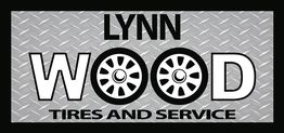 Logo for "Lynnwood Tires and Service" with tire graphics on a textured grey background.