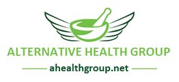 Green mortar and pestle with wings, "Alternative Health Group," website: ahealthgroup.net.