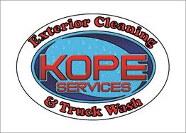 Logo for Kope Services, featuring "Exterior Cleaning & Truck Wash" in an oval design.