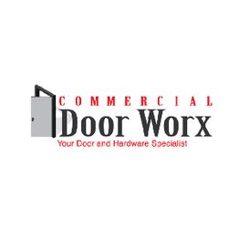 Logo for "Commercial Door Worx," with a door graphic and text "Your Door and Hardware Specialist."