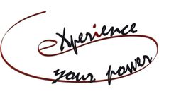 Schriftzug "Experience your power" in elegantem, geschwungenem Schwarz und Rot.