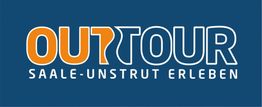 Logo "OUTTOUR: Saale-Unstrut erleben" auf blauem Hintergrund.