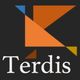 Logo van Terdis met oranje en blauwe driehoeken op een zwarte achtergrond.