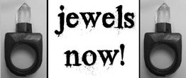 Zwei Ringe mit Kristallen, dazwischen der Text "jewels now!" in schwarz-weißem Stil.