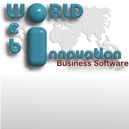 3D-Text: "World Web Innovation" vor Weltkarte, darunter "Business Software" in Rot.
