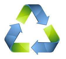 Recycling-Symbol mit drei blauen und grünen Pfeilen, die ein Dreieck bilden.