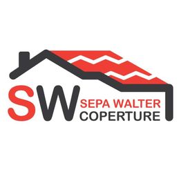 Logo azienda coperture: testo "SW SEPA WALTER COPERTURE" con disegno tetto rosso e nero.