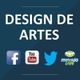Design de Artes com logos do Facebook, YouTube, Twitter e Mercado Livre em fundo azul escuro.