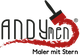 Logo mit stilisiertem Pinselstrich in Rot und schwarzem Schriftzug "ANDYmen".
