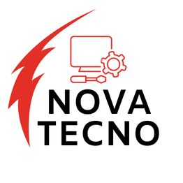 Logotipo de Nova Tecno: monitor y engranaje en rojo sobre texto negro.