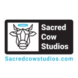 Geometric cow head with halo; text: Sacred Cow Studios, sacredcowstudios.com in blue.