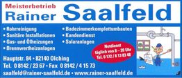 Werbung für Meisterbetrieb Rainer Saalfeld mit Dienstleistungen und Kontaktdaten in Olching.
