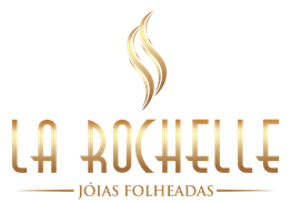 Logo 'La Rochelle, Jóias Folheadas' com símbolo dourado estilizado acima.