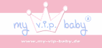 Logo mit Krone und Text "my v.i.p. baby" auf rosa Hintergrund.