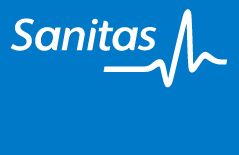 Logo de Sanitas con texto blanco y línea de pulso sobre fondo azul.