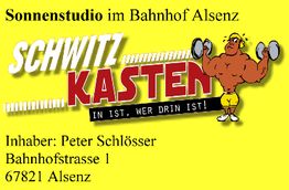 Gelbe Werbung für ein Sonnenstudio in Alsenz mit Bodybuilder und Kontaktinformationen.