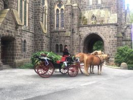 Pferdekutsche vor einer alten Kirche mit Kutscher, zwei Pferden und Blumenschmuck.