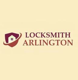 Logo with a shield and house design, text reads "Locksmith Arlington" on a beige background.