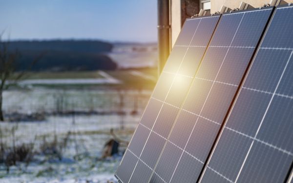 Sonnenkollektoren mit Schnee auf dem Boden an einer gut exponierten Wand eines Hauses