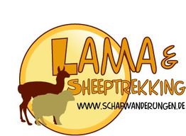 Grafik mit Lama und Schaf, Text: "Lama & Sheep Trekking www.schafwanderungen.de".
