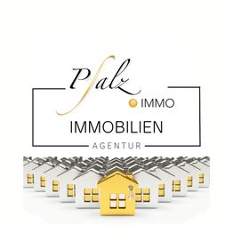 Logo mit dem Text "Pfalz Immo Immobilien Agentur", goldfarbenes Haus im Vordergrund.