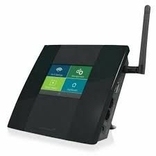 Wi-Fi router with an antenna and touchscreen displaying connectivity options.