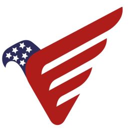 Stylized red eagle shape with blue and white stars on the head.