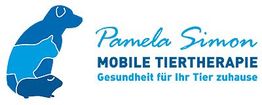 Logo mit Hund, Katze und Nagetier, Text: "Pamela Simon Mobile Tiertherapie, Gesundheit für Ihr Tier."