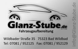 Logo von Glanz-Stube.de mit Autoskizze und Kontaktdaten für Fahrzeugaufbereitung.