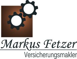 Zwei schwarze Zahnräder auf braunem Hintergrund, Text: "Markus Fetzer Versicherungsmakler".