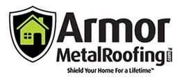 Logo of Armor Metal Roofing features a shield with a house inside and the slogan "Shield Your Home."