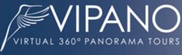 Logo mit Text "VIPANO Virtual 360° Panorama Tours" auf blauem Hintergrund.