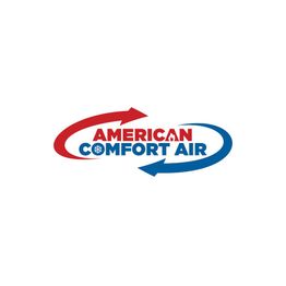 Logo with red and blue arrows, text "American Comfort Air" featuring snowflake design.