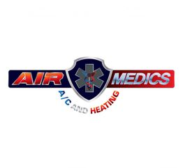"Air Medics logo: Shield with blue caduceus, text 'AIR MEDICS A/C AND HEATING' in red and blue."