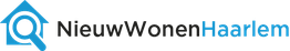 Logo van Nieuw Wonen Haarlem met blauwe huisvorm en vergrootglas.