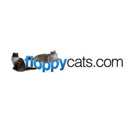 Two cats flank the text "floppycats.com" on a white background.