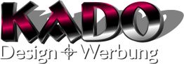 KADO-Logo in Glanzoptik, Text darunter: Design + Werbung, Hintergrund weiß.
