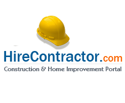 Yellow hard hat and website name "HireContractor.com" on a white background.