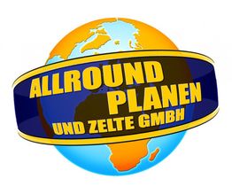 Globus mit blauer Banderole, gelber Text: "Allround Planen und Zelte GmbH".