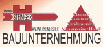 Logo eines Bauunternehmens mit Schriftzug und roten grafischen Elementen.
