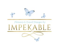 Logo with blue butterflies and text: "Flowers & Event Design by Impekable" in gold.