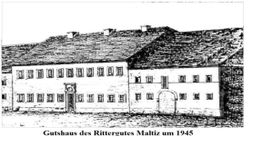 Schwarz-weiß Zeichnung des Gutshauses des Rittergutes Maltiz um 1945.