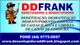 Cartão da DD Frank com serviços de dedetização e desentupimento, contato e site visíveis.